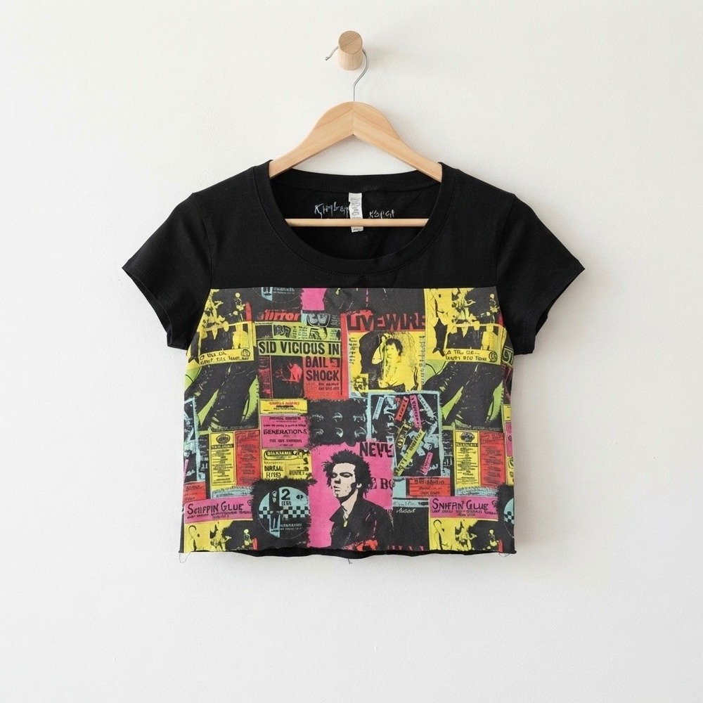 Kimberly Koker Punk Rock Sid Vicious Collage Crop Baby‎ Tee Black Womens XL